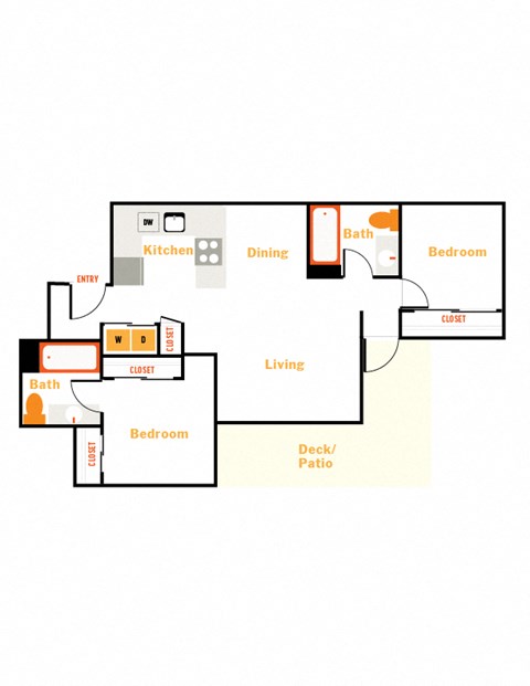 Floor plan for 2 beds, 2 baths, 1050 sqft